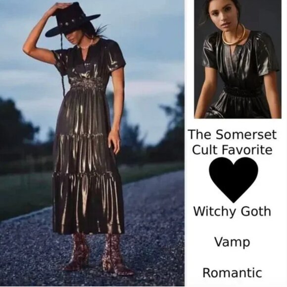Anthropologie The Somerset Metallic Maxi Dress Size Small Witchy Goth Holiday - Picture 1 of 15